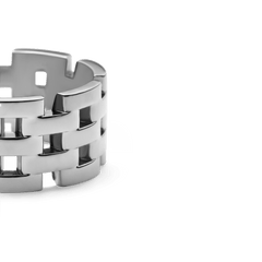 Close-up of the 5-Link Ring Silver, showcasing its polished stainless steel finish and bold, interlocking link design with sculptural gaps.