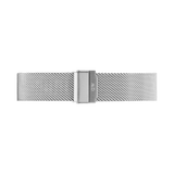 Polished silver mesh watch strap with a secure fold-over clasp, featuring a finely woven design for comfort and breathability. Ideal for updating your timepiece with a refined and timeless look.