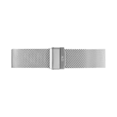 Polished silver mesh watch strap with a secure fold-over clasp, featuring a finely woven design for comfort and breathability. Ideal for updating your timepiece with a refined and timeless look.