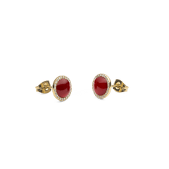 Pair of Audrey Earrings Red Agathe Gold, featuring domed red agate stones encircled by white cubic zirconia crystals and set in polished gold-plated stainless steel with secure stud fastenings.