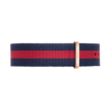 Navy and red striped Oxford Strap Rose Gold nato watch strap with a polished rose gold buckle, crafted from durable polyester for Daniel Wellington watches.