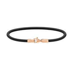 Slim black leather bracelet with a rose gold PVD-plated stainless steel lobster clasp, featuring minimalist design and Daniel Wellington branding.