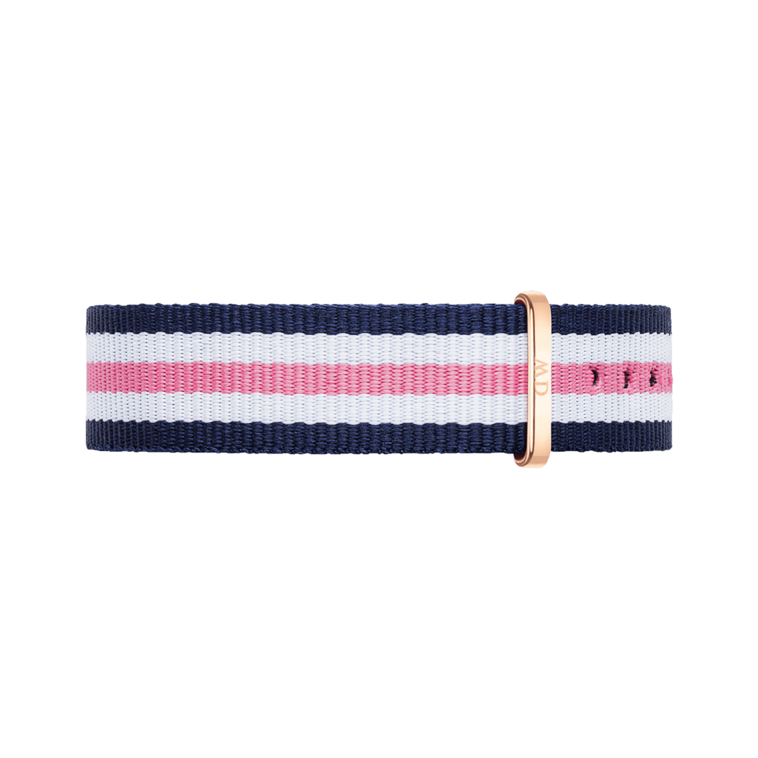Southampton Strap Rose Gold features a navy, white, and pink striped NATO design with a polished rose gold buckle and loop, crafted from soft polyester for Daniel Wellington watches.