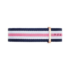 Southampton Strap Rose Gold features a navy, white, and pink striped NATO design with a polished rose gold buckle and loop, crafted from soft polyester for Daniel Wellington watches.
