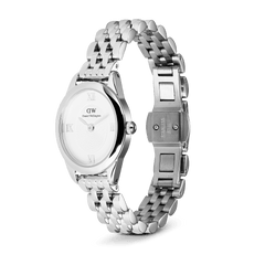 Ophelia Mini Silver women’s watch with oval stainless steel case, sunray white dial, and open 5-link bracelet with butterfly clasp.