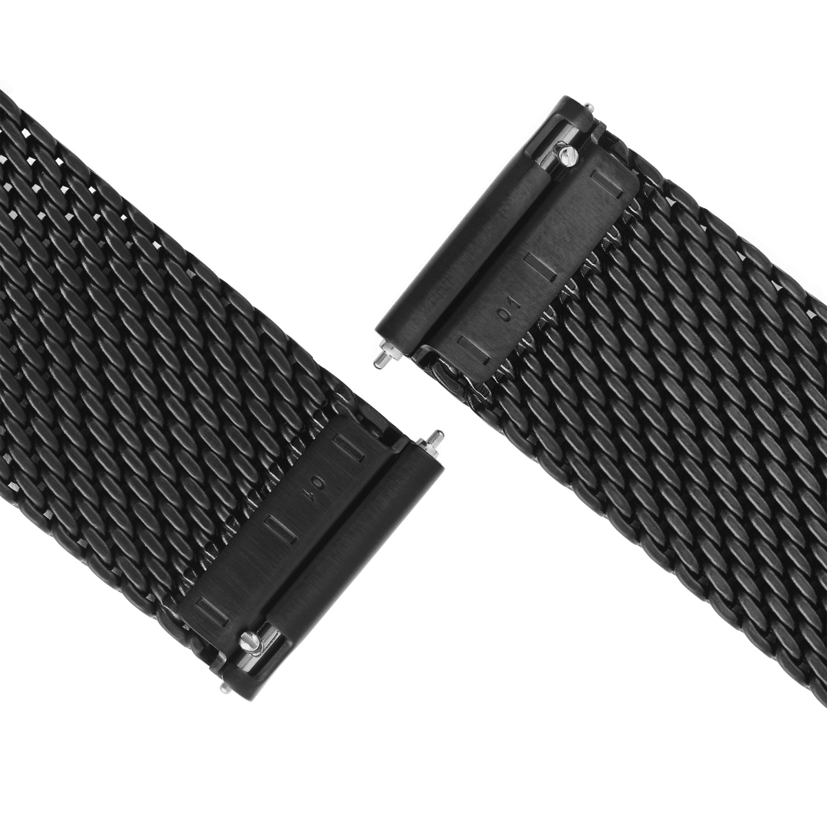 Close-up of the Onyx Mesh Strap’s quick-release connectors, showing the fine black stainless steel mesh and easy attachment mechanism for Daniel Wellington watches.