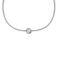 June Charm S925 Sterling Silver displayed on a sleek silver necklace, featuring a 4mm iridescent crystal with a subtle pearl effect at the centre.