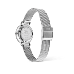 Rear view of the Petite Roman Numerals Date Silver watch showing the engraved Daniel Wellington case back, stainless steel mesh strap, and secure fold-over clasp.