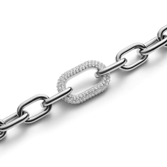 Close-up of the Crystal Link Bracelet Silver, highlighting the polished stainless steel chain and the distinctive link set with sparkling cubic zirconia stones.