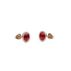 Audrey Earrings Red Agathe feature domed red agate stones with rose gold and cubic zirconia halo stud settings.
