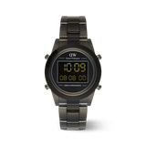 Retro Digital Dark Grey watch by Daniel Wellington featuring a round stainless steel case, black digital display, and matching dark grey link strap.