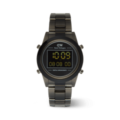 Retro Digital Dark Grey watch by Daniel Wellington featuring a round stainless steel case, black digital display, and matching dark grey link strap.