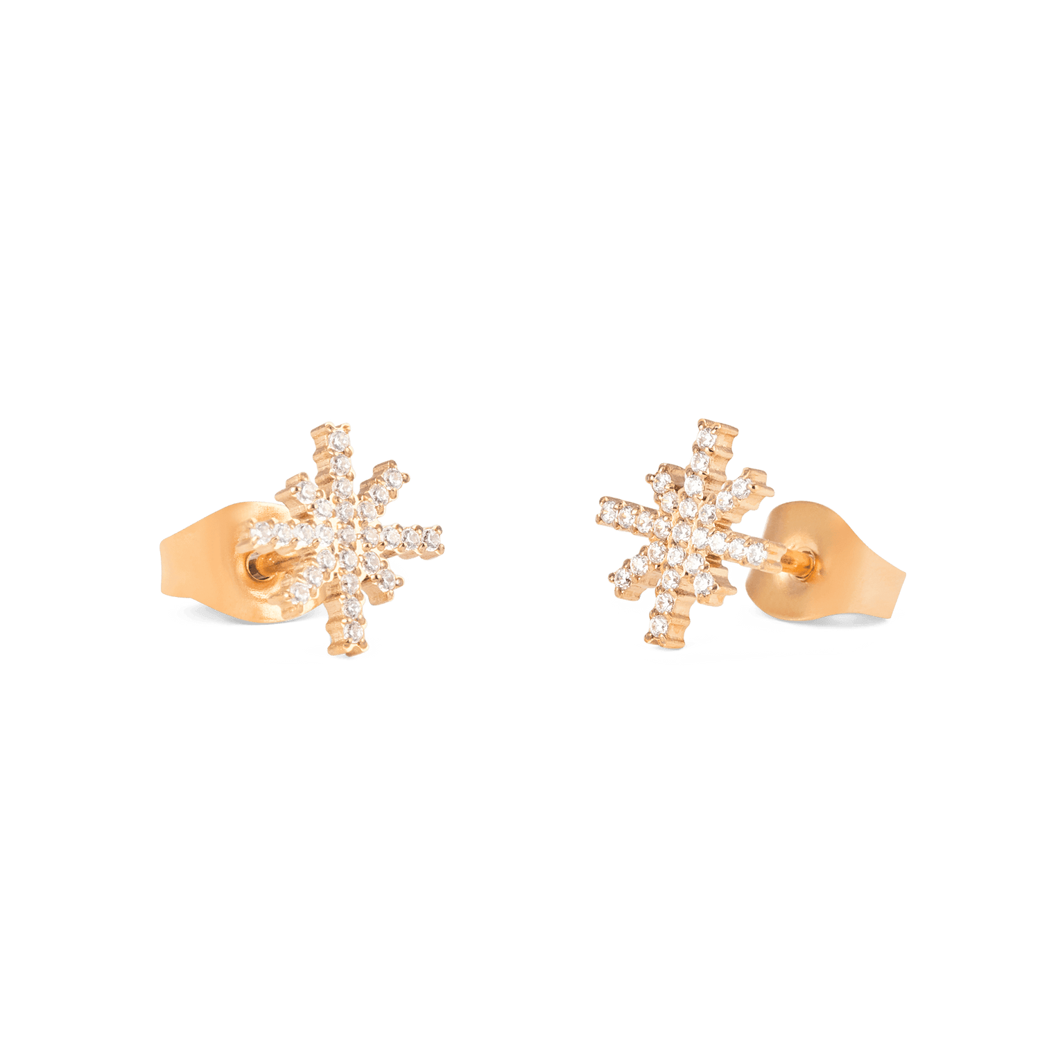 Mirelle Star Earring Rose Gold studs with a star-shaped design, crafted from rose gold-plated stainless steel and adorned with white cubic zirconia crystals, shown with secure butterfly backs.