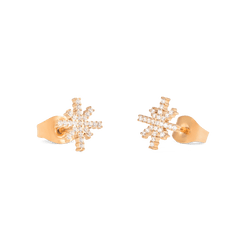 Mirelle Star Earring Rose Gold studs with a star-shaped design, crafted from rose gold-plated stainless steel and adorned with white cubic zirconia crystals, shown with secure butterfly backs.