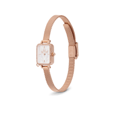 Quadro Mini Crystal Zodiac Melrose watch with a rose gold mesh strap, rectangular crystal-set bezel, and a white mother of pearl dial, designed for a refined and elegant look.