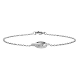 Minimalist silver Elan Unity Bracelet with two interlocking engraved rings and a fine stainless steel chain.