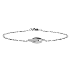 Minimalist silver Elan Unity Bracelet with two interlocking engraved rings and a fine stainless steel chain.
