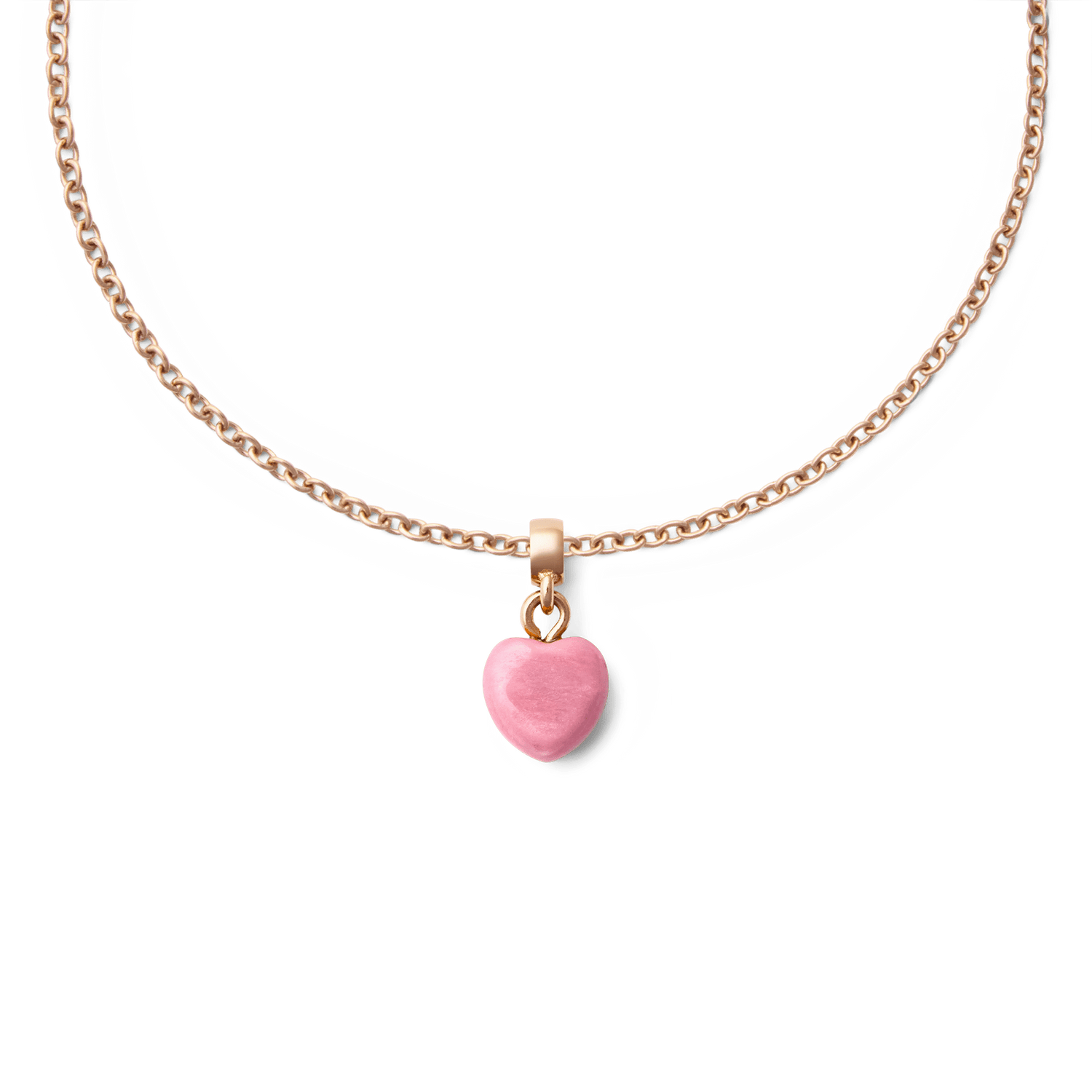 Rose gold necklace featuring a pink rhodonite heart charm with natural veining, highlighting its elegant and minimalist design.