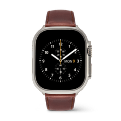 Apple Watch Ultra with a St Mawes brown leather strap, featuring contrast stitching and a classic padded design for a refined, comfortable look.
