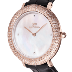 Close-up of the Crystalline Bezel Black Croc Rose Gold watch, highlighting the iridescent mother of pearl dial, rose gold case, and bezel encrusted with sparkling cubic zirconia stones.