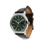 Daniel Wellington Iconic Sheffield Automatic Silver watch with a green enamel dial, silver stainless steel case, magnified date window, and black Italian leather strap.