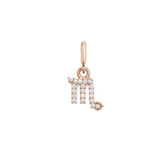 Scorpio zodiac watch charm in rose gold, showcasing the Scorpio symbol adorned with sparkling cubic zirconia crystals on a petite, polished stainless steel charm.