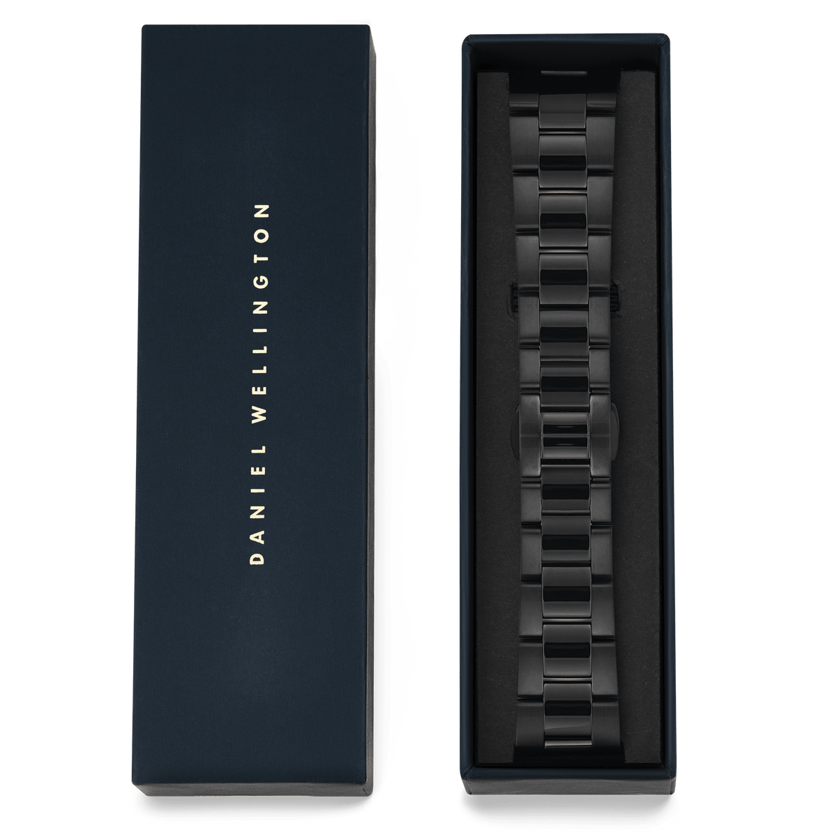 Smartwatch Iconic Link Onyx black stainless steel link strap presented in an elegant navy Daniel Wellington gift box, showcasing its polished and brushed finish.