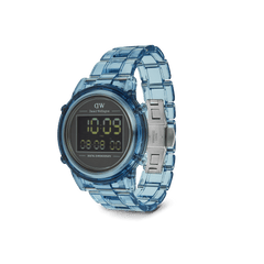 Retro Digital Light Blue watch with a transparent blue link strap, round black digital face, and stainless steel butterfly clasp.