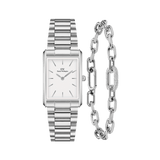 Rectangular silver women’s watch with a polished link strap and minimalist white dial, paired with a matching silver link bracelet featuring a crystal-accented section for added elegance.