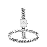 Silver chunky chain women’s watch with square white dial, paired with matching bold chain bracelet set.