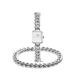 Silver chunky chain women’s watch with square white dial, paired with matching bold chain bracelet set.