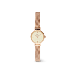 Petite Mini Champagne Melrose watch with a champagne dial and slim rose gold mesh strap, designed for small wrists.
