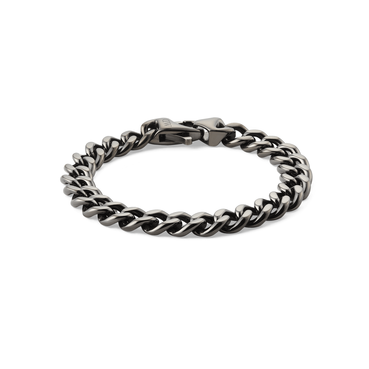 Graphite Cuban chain bracelet with chunky, polished stainless steel links and a matching lobster clasp, shown laid flat on a plain background.