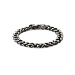 Graphite Cuban chain bracelet with chunky, polished stainless steel links and a matching lobster clasp, shown laid flat on a plain background.