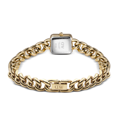 Back view of Jolie Chain Gold women’s watch with gold chain bracelet, engraved clasp, and stainless steel caseback.