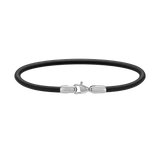 Slim black leather bracelet with a polished silver stainless steel lobster clasp engraved with the Daniel Wellington logo.