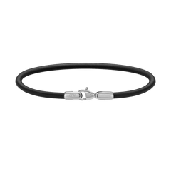 Slim black leather bracelet with a polished silver stainless steel lobster clasp engraved with the Daniel Wellington logo.