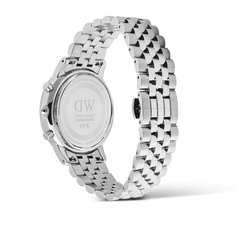 Rear view of the Daniel Wellington Iconic Chronograph Arch 5-Link Arctic Panda Silver, highlighting the engraved stainless steel case back and polished 5-link bracelet.