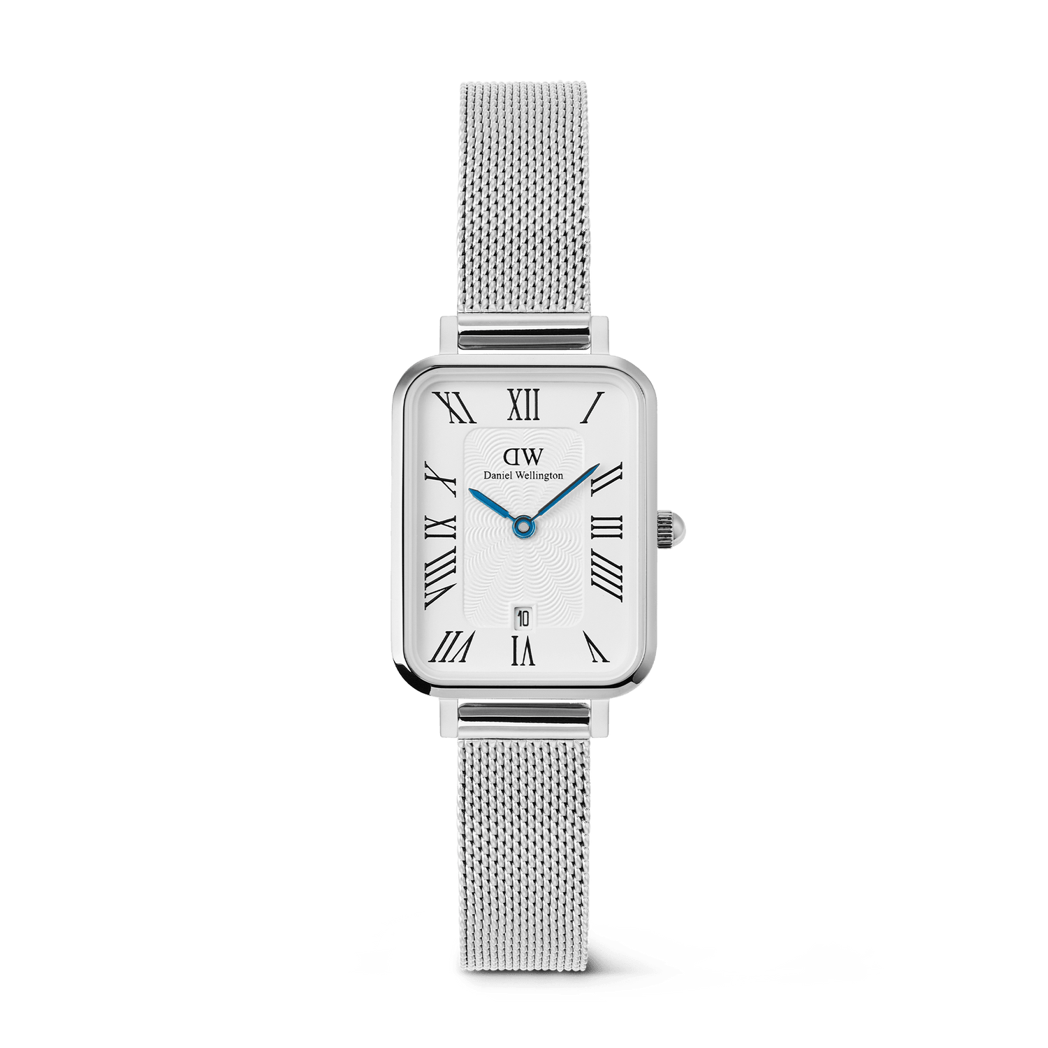Rectangular silver women’s watch with a white guilloché dial, bold Roman numerals, blue hands, date window at six o’clock, and an adjustable polished mesh strap.