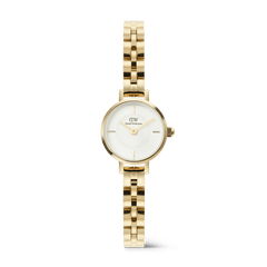 Petite Mini Arch 3-link White Gold women’s watch featuring a petite round white dial, minimalist indices, and a polished rose gold arched 3-link bracelet, designed for small wrists with an elegant, refined finish.