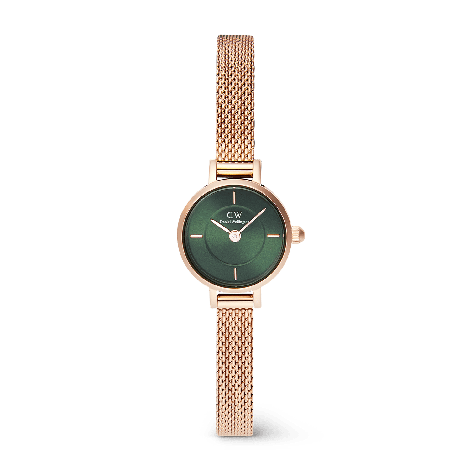 Petite Mini Emerald Melrose watch featuring a round emerald green sunray dial, minimalist markers, and a slim rose gold mesh strap with a delicate, refined silhouette.