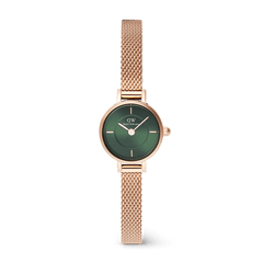 Petite Mini Emerald Melrose watch featuring a round emerald green sunray dial, minimalist markers, and a slim rose gold mesh strap with a delicate, refined silhouette.