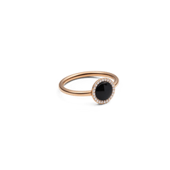 Audrey Ring in rose gold with round black agate centre and halo of white cubic zirconia, elegant modern women’s jewellery.
