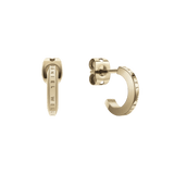 Pair of small gold hoop earrings with a minimalist design, crafted from polished stainless steel and engraved with the Daniel Wellington logo along the outer edge, shown with secure butterfly fastenings.