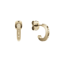 Pair of small gold hoop earrings with a minimalist design, crafted from polished stainless steel and engraved with the Daniel Wellington logo along the outer edge, shown with secure butterfly fastenings.
