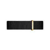 Cornwall Strap Gold featuring a black woven polyester NATO design with a polished gold buckle and hardware, offering a refined and versatile look for any watch.