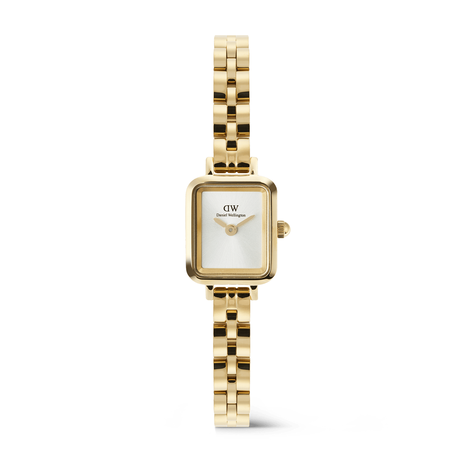 Petite rectangular gold women’s watch with a white sunray dial, minimalist face, and an arched 3-link stainless steel bracelet, featuring a polished finish and butterfly clasp.