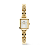 Petite rectangular gold women’s watch with a white sunray dial, minimalist face, and an arched 3-link stainless steel bracelet, featuring a polished finish and butterfly clasp.