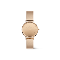 Petite Reflection Rose Gold women’s watch featuring a round mirror glass dial, minimalist face, and a polished rose gold mesh strap with an elegant, contemporary design.