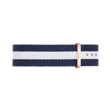 Daniel Wellington Glasgow Strap Rose Gold featuring a navy and white striped NATO design with a polished rose gold buckle, crafted from durable polyester for a refined, contemporary look.